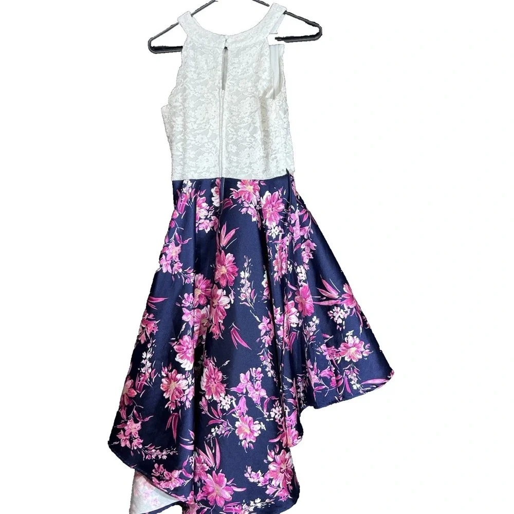 Speechless Kids Girls Size 16 Floral High-Low‎ Formal Dress White Lace Navy Blue